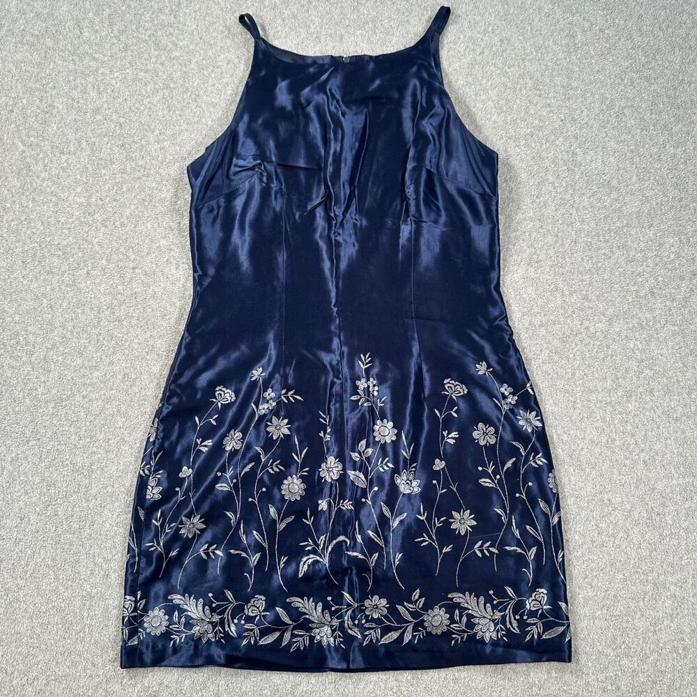 Vintage 90's Casual Corner Satin Spaghetti Strap Dress Size 9/10 Blue Embroidere